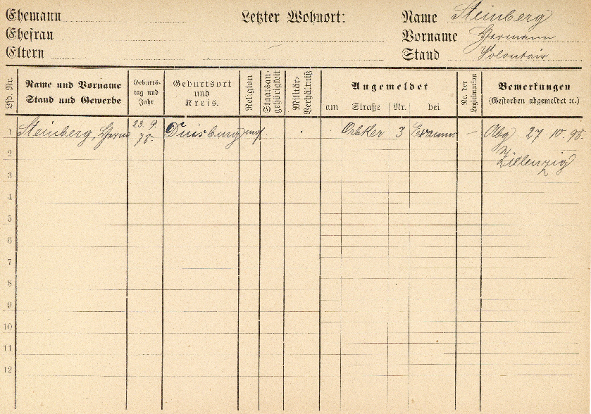 Meldekarte für Hermann Steinberg in Detmold (StdA DT MK)